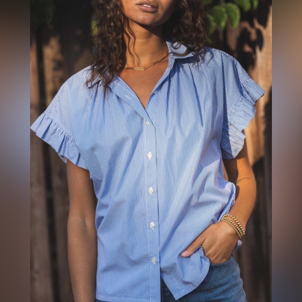 TROVATA BIRDS OF PARADISE Marianne Ruffle Shirt In Blue White Stripe XS